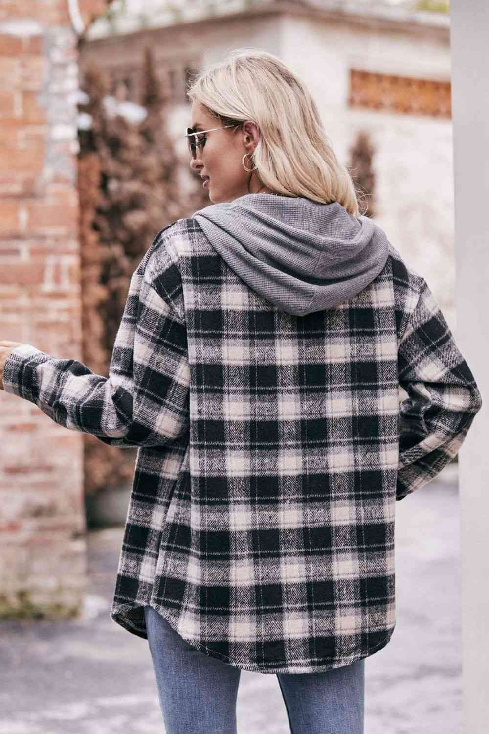 Plaid Dropped Shoulder Hooded Longline Jacket - AllIn Computer