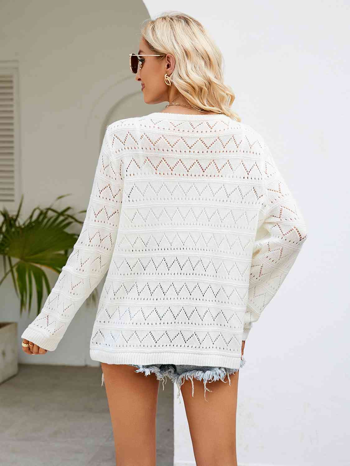 Round Neck Openwork Long Sleeve Knit Top - AllIn Computer