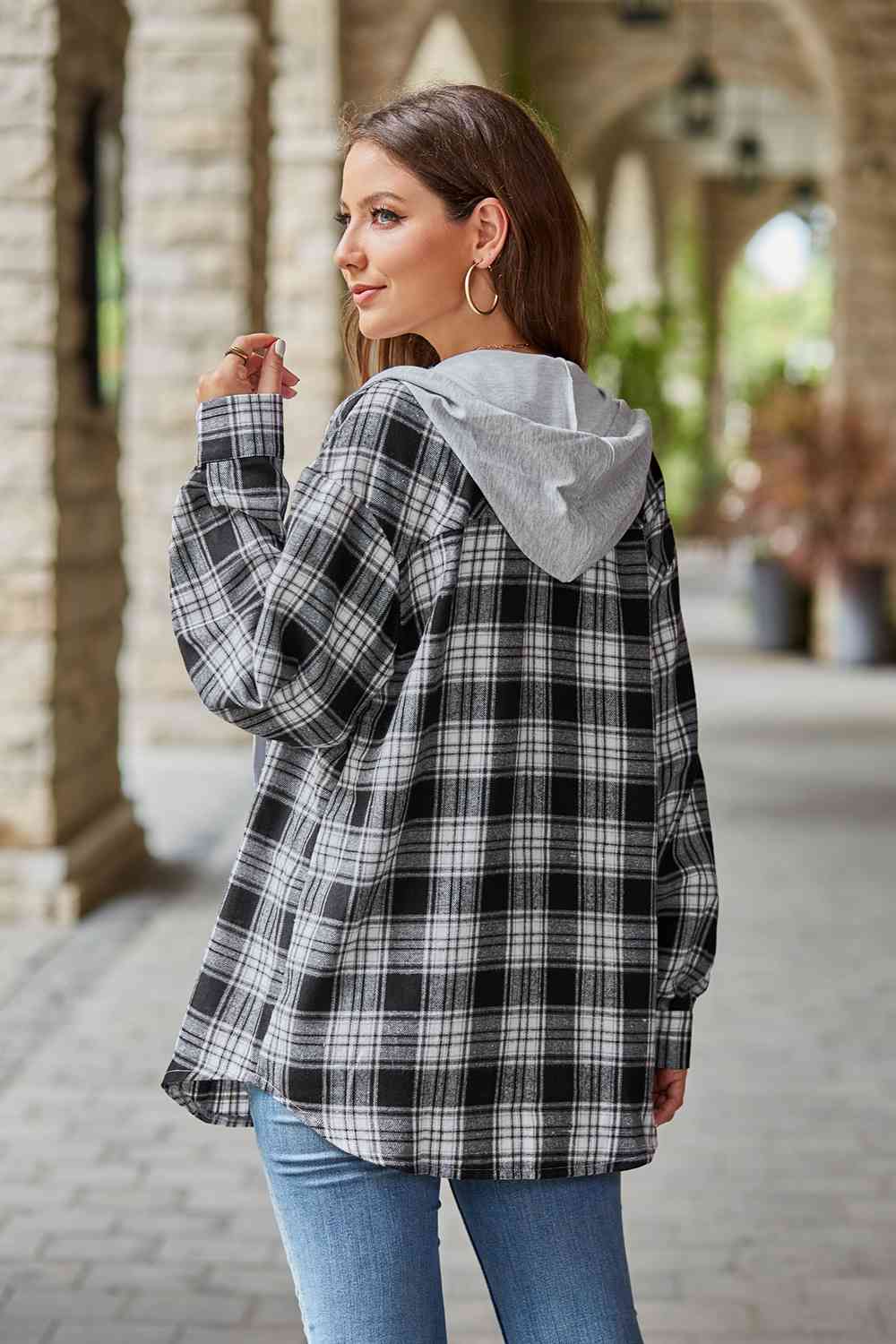 Plaid Long Sleeve Hooded Jacket - AllIn Computer