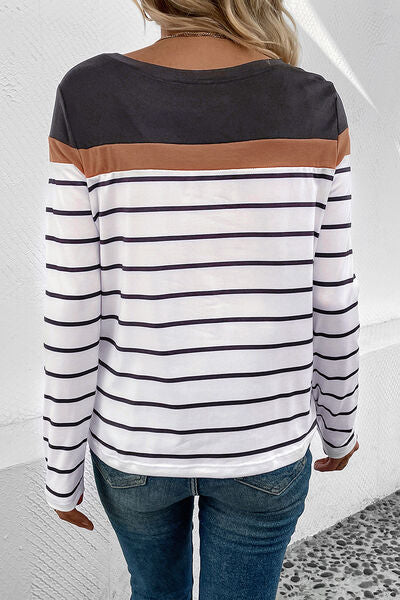 Striped Round Neck Long Sleeve T-Shirt - AllIn Computer
