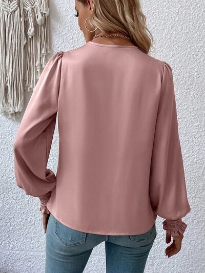 Surplice Smocked Lantern Sleeve Blouse - AllIn Computer