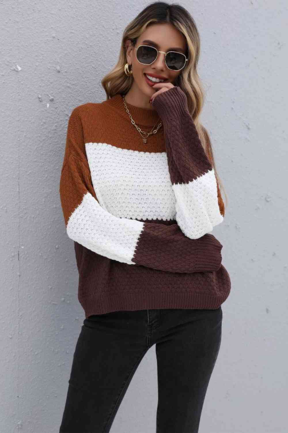 Color Block Long Sleeve Sweater - AllIn Computer