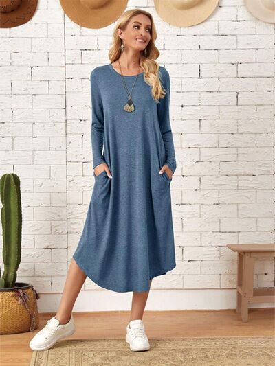Pocketed Round Neck Long Sleeve Tee Dress - AllIn Computer
