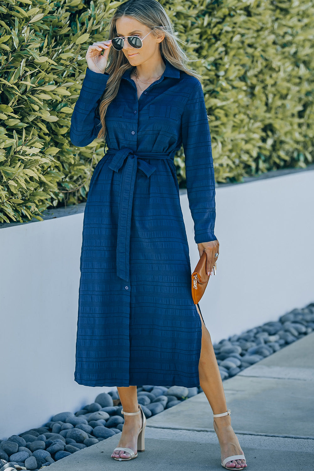 Button Front Textured Slit Shirt Dress with Belt - AllIn Computer