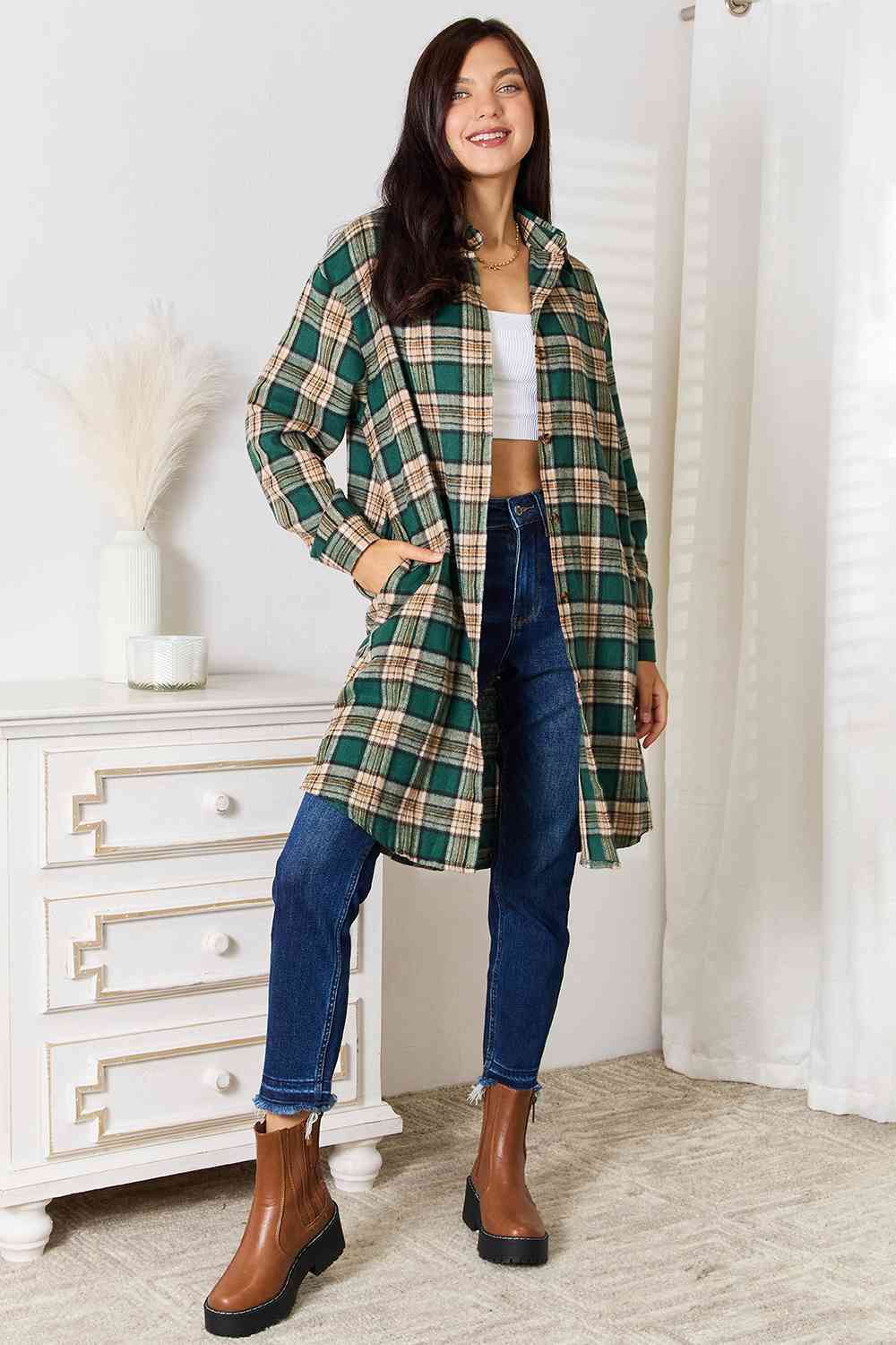 Double Take Plaid Collared Neck Long Sleeve Shirt - AllIn Computer