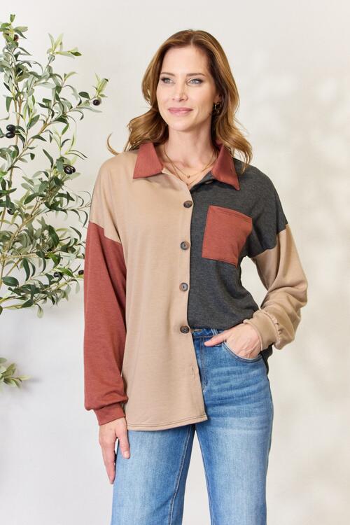 Heimish Full Size Color Block Button Down Shacket | CLOTHING,SHOES & ACCESSORIES | 11/15/2023, button down jacket, Heimish, plus size, shacket, Ship from USA | Trendsi