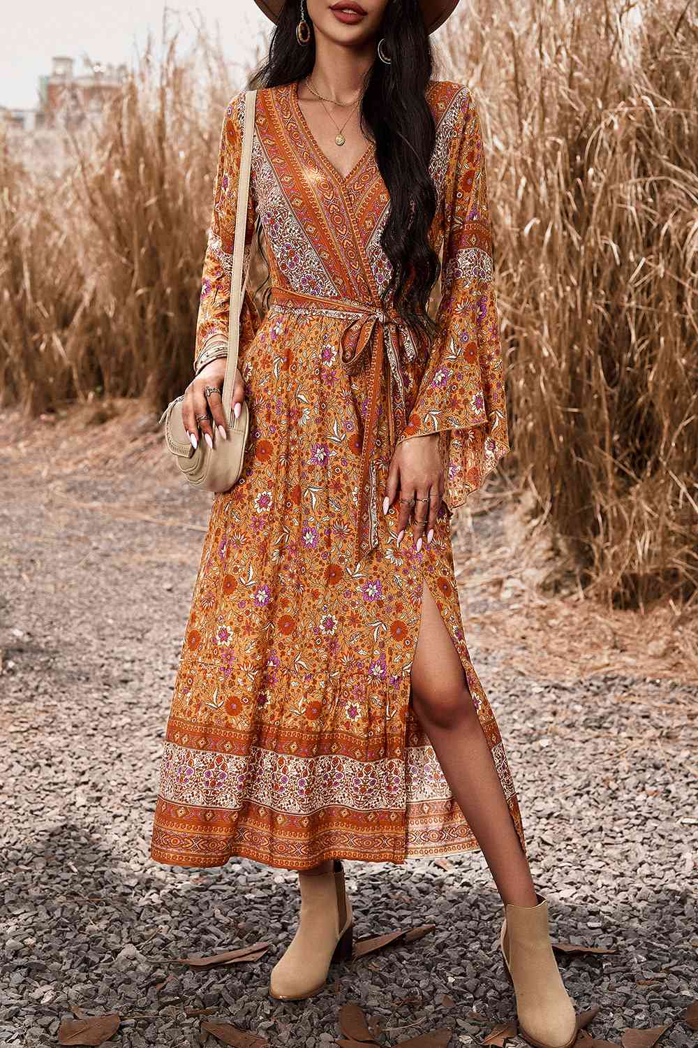 Bohemian Surplice Neck Slit Dress - AllIn Computer