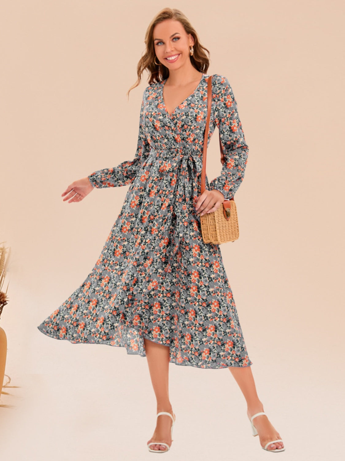 Full Size Printed Surplice Long Sleeve Dress - AllIn Computer