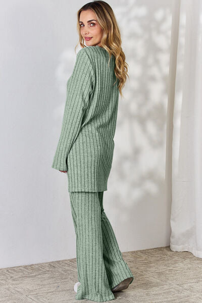 Basic Bae Full Size Ribbed High-Low Top and Wide Leg Pants Set - AllIn Computer
