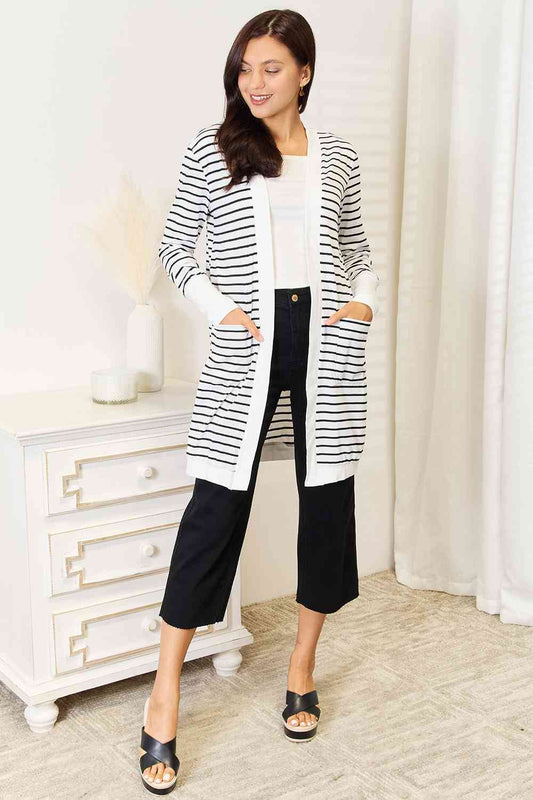Double Take Striped Open Front Longline Cardigan - AllIn Computer