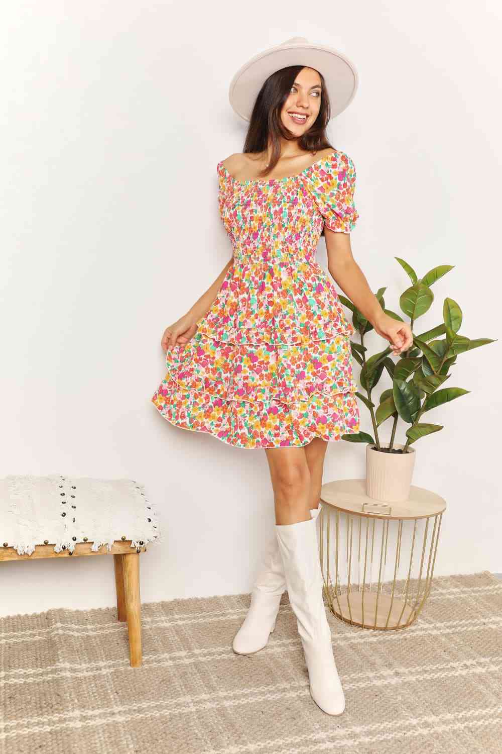 Double Take Smocked Sweetheart Neck Flounce Sleeve Mini Dress - AllIn Computer