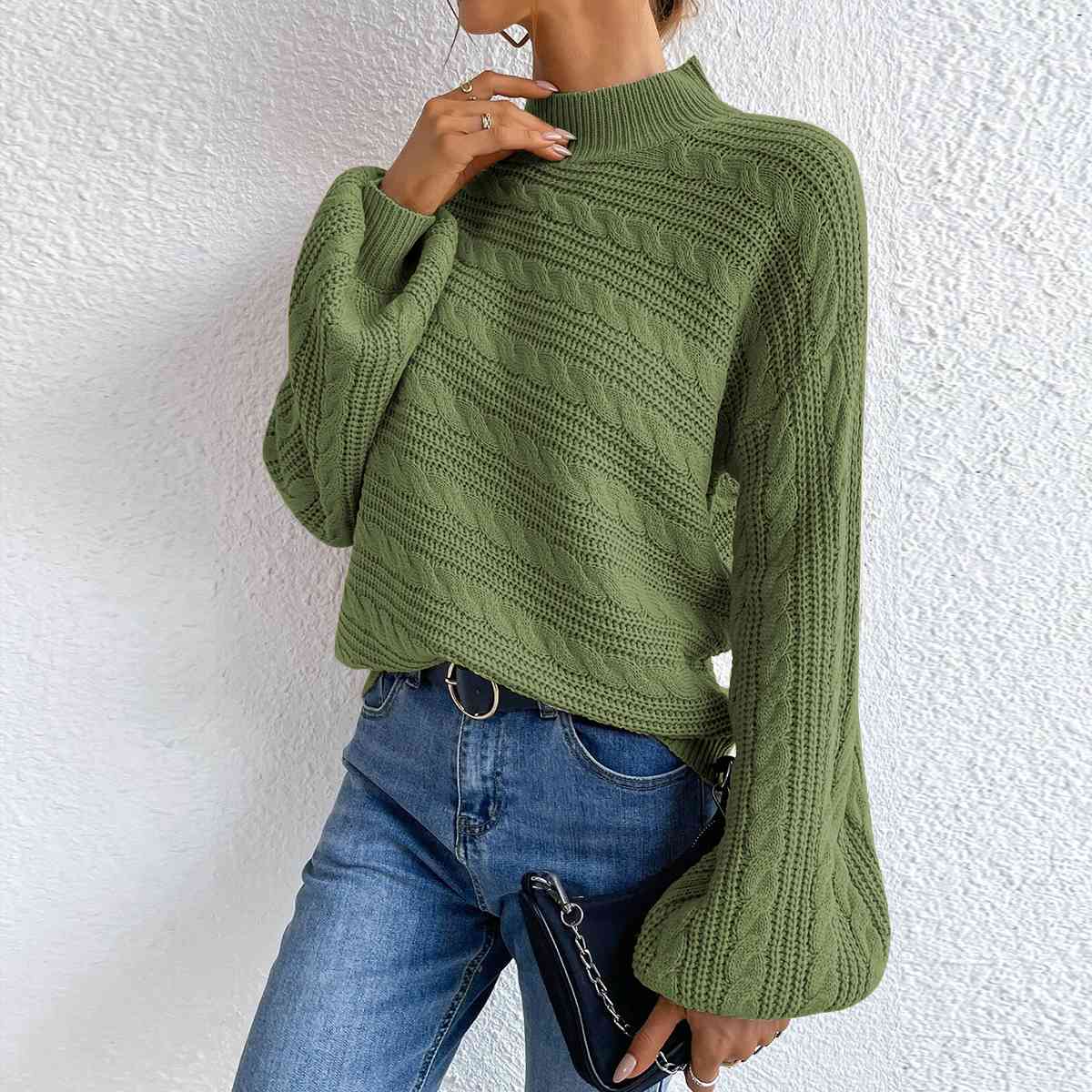 Cable-Knit Mock Neck  Long Sleeve Sweater - AllIn Computer