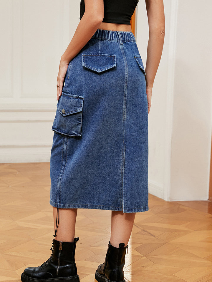 Drawstring Denim Skirt with Pockets - AllIn Computer