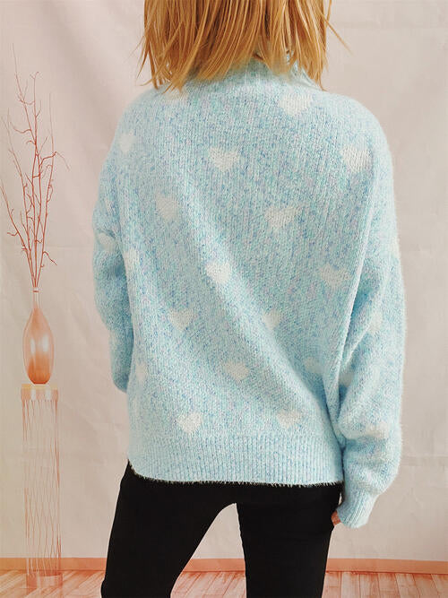 Heart Heathered Turtleneck Drop Shoulder Sweater - AllIn Computer