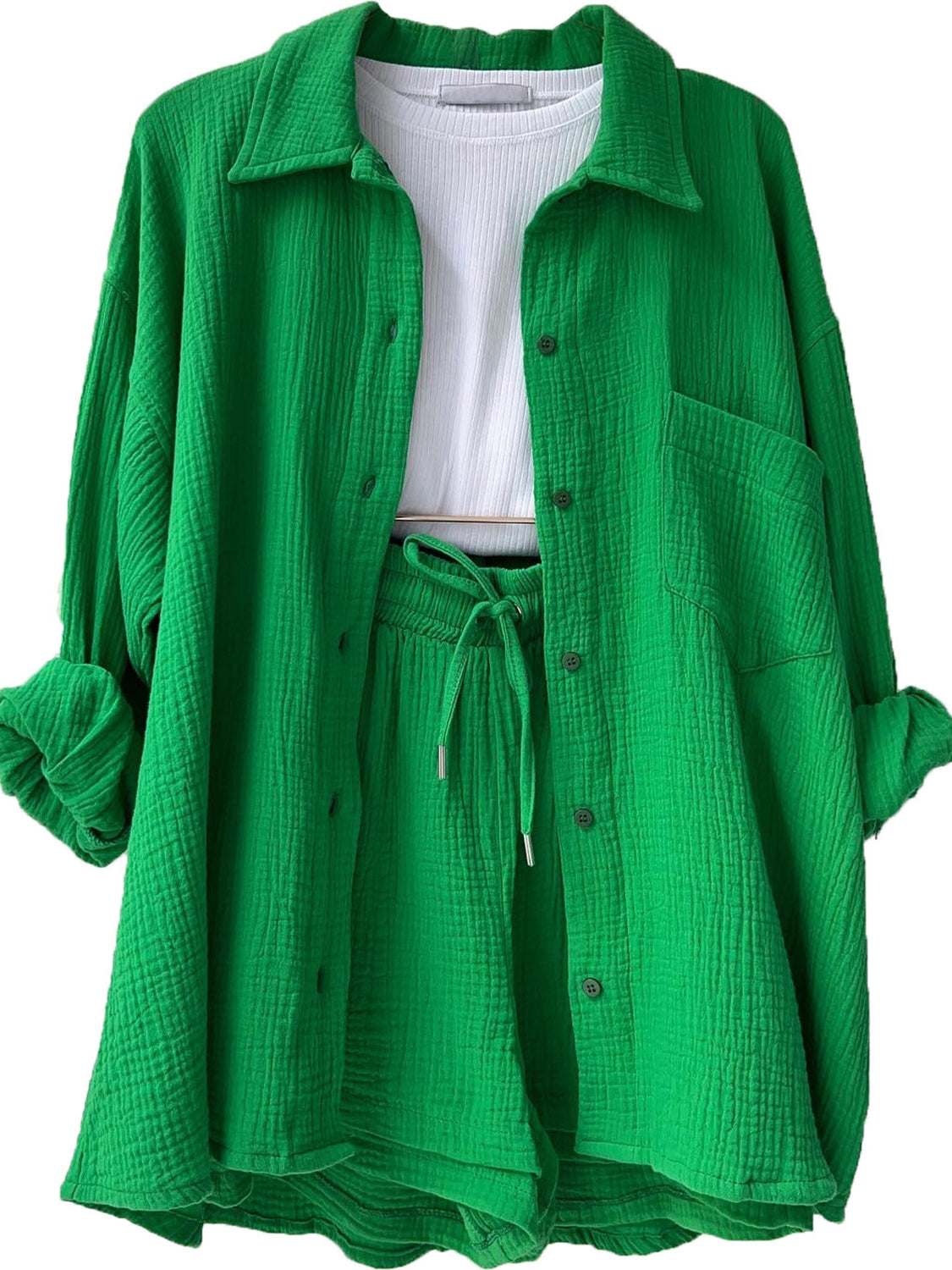Texture Button Up Shirt and Drawstring Shorts Set - AllIn Computer