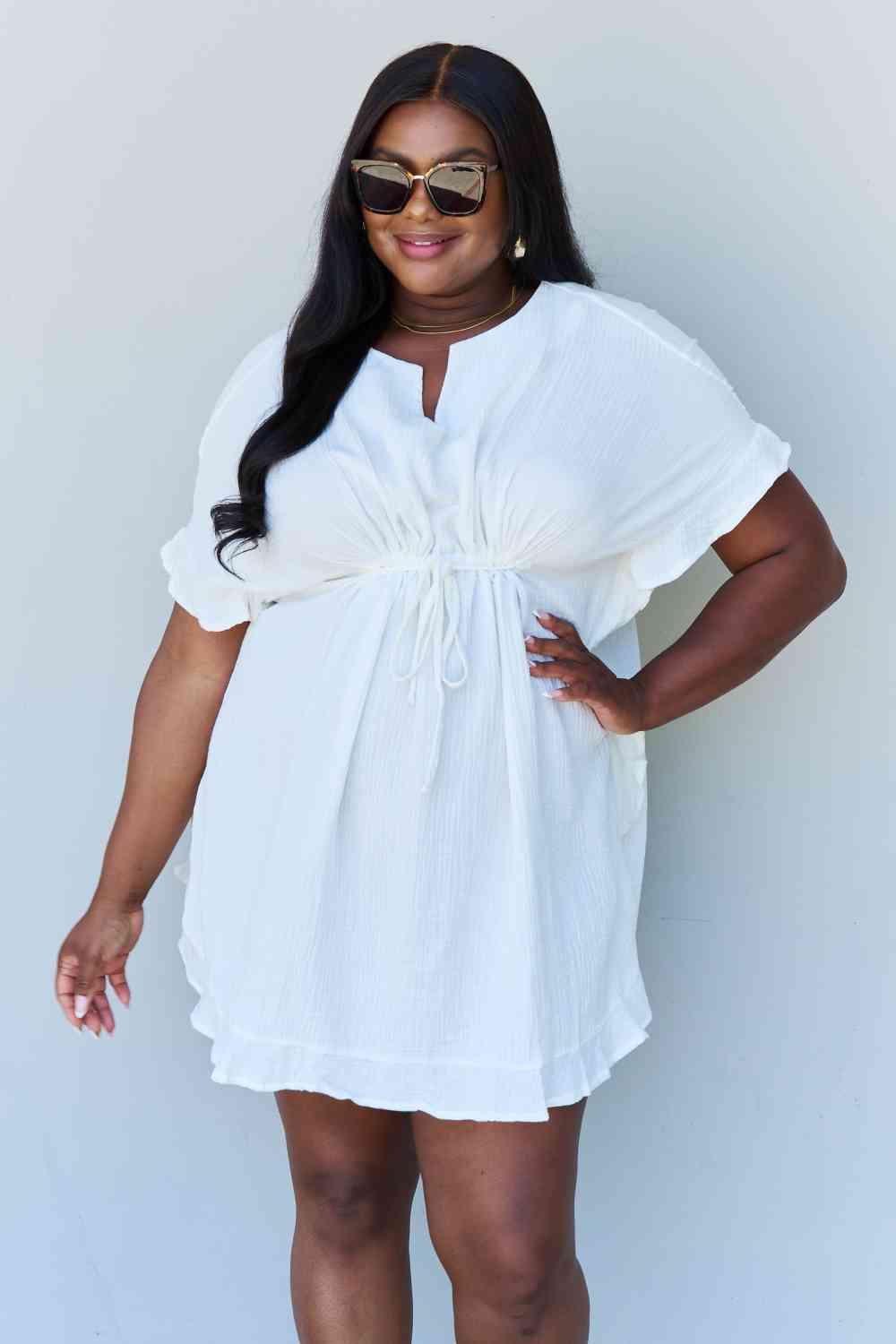 Ninexis Out Of Time Full Size Ruffle Hem Dress with Drawstring Waistband in White - AllIn Computer