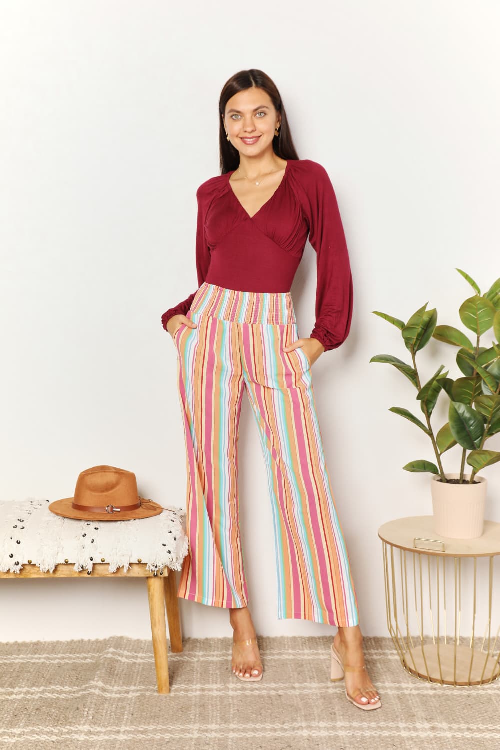 Double Take Striped Smocked Waist Pants with Pockets - AllIn Computer
