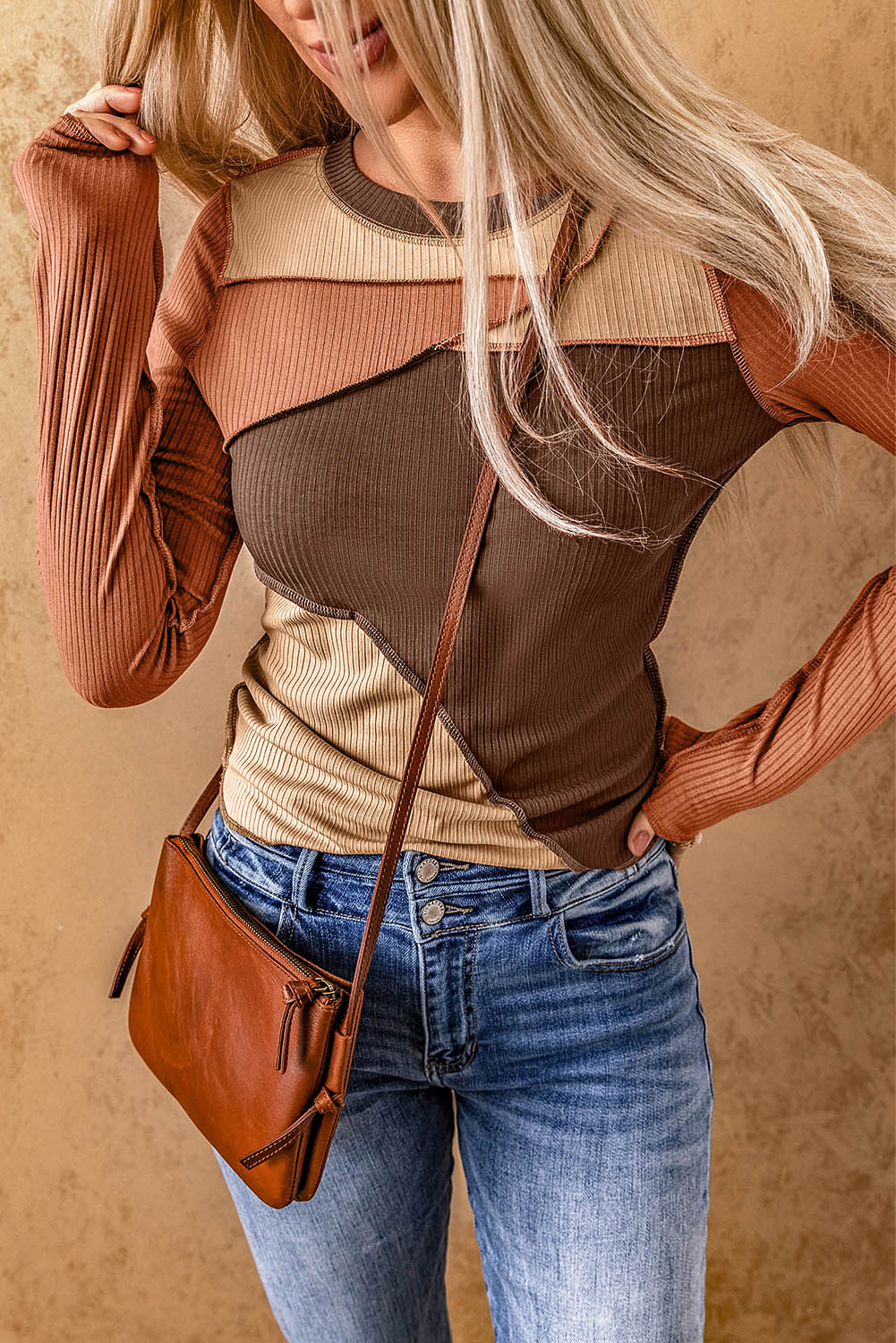Color Block Exposed Seam Long Sleeve Top - AllIn Computer