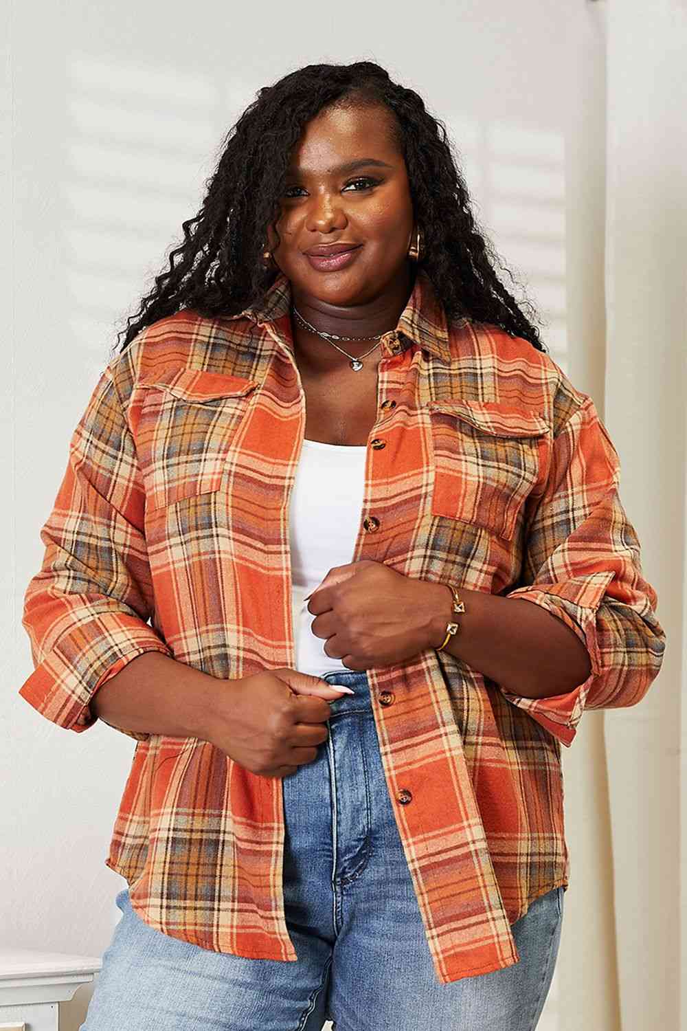 Double Take Plaid Dropped Shoulder Shirt - AllIn Computer