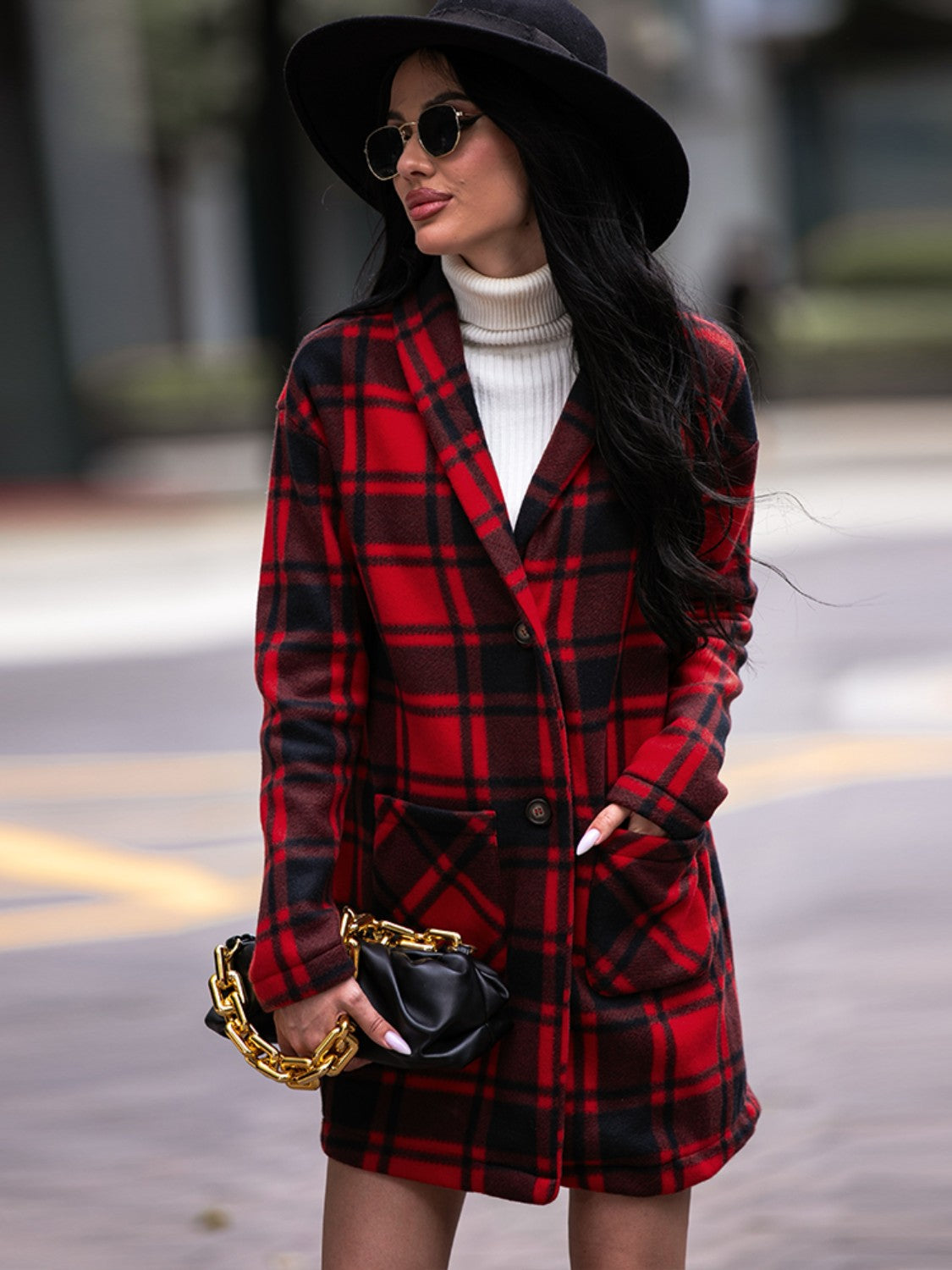 Plaid Shawl Collar Coat with Pockets - AllIn Computer