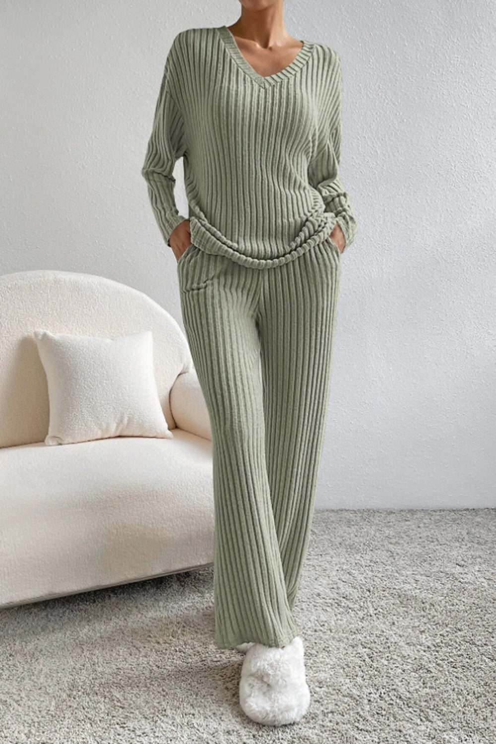 Ribbed V-Neck Top and Pants Set - AllIn Computer