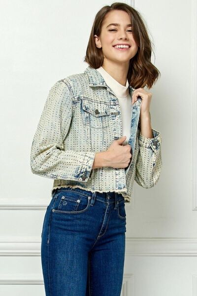 Veveret Multi Color Stripe Rhinestone Raw Hem Denim Jacket - AllIn Computer
