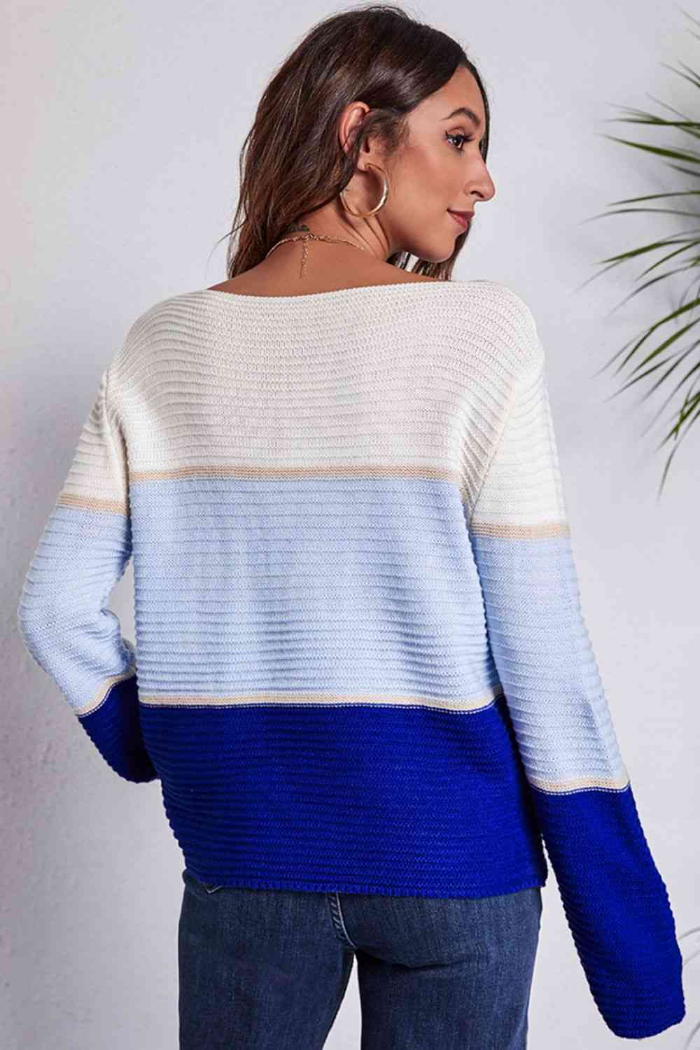 Color Block Horizontal Ribbing Sweater - AllIn Computer