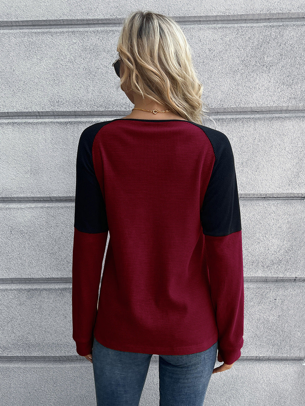 Contrast Buttoned Round Neck Raglan Sleeve Top - AllIn Computer