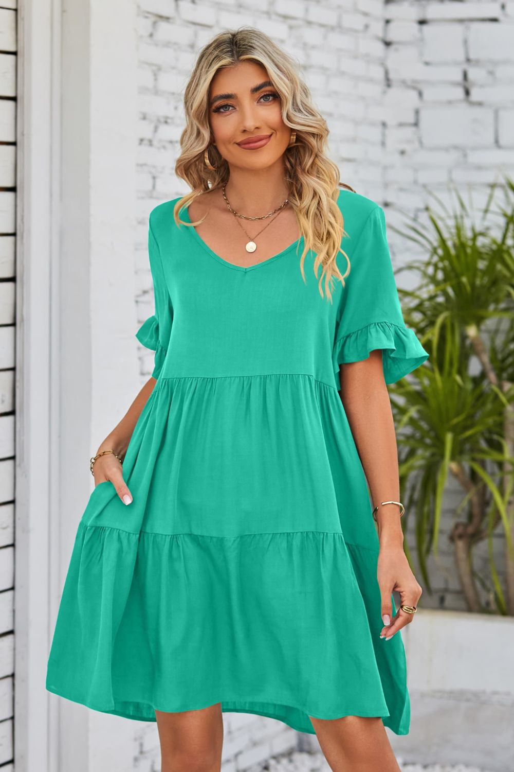 V-Neck Flounce Sleeve Tiered Dress - AllIn Computer