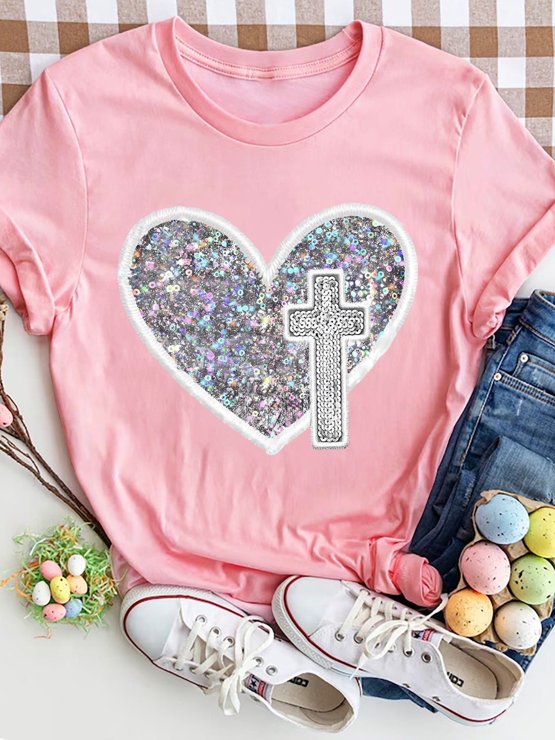 Sequin Heart Round Neck Short Sleeve T-Shirt - AllIn Computer
