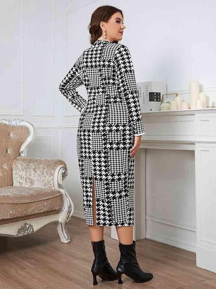 Plus Size Houndstooth Button-Down Long Sleeve Dress - AllIn Computer