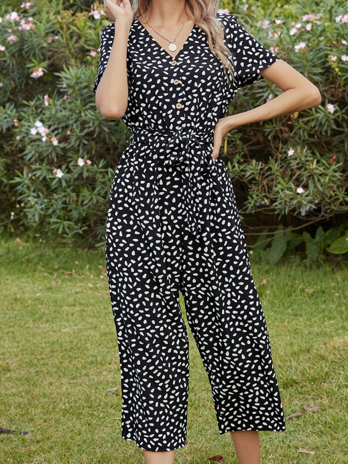 Printed V-Neck Short Sleeve Jumpsuit - AllIn Computer