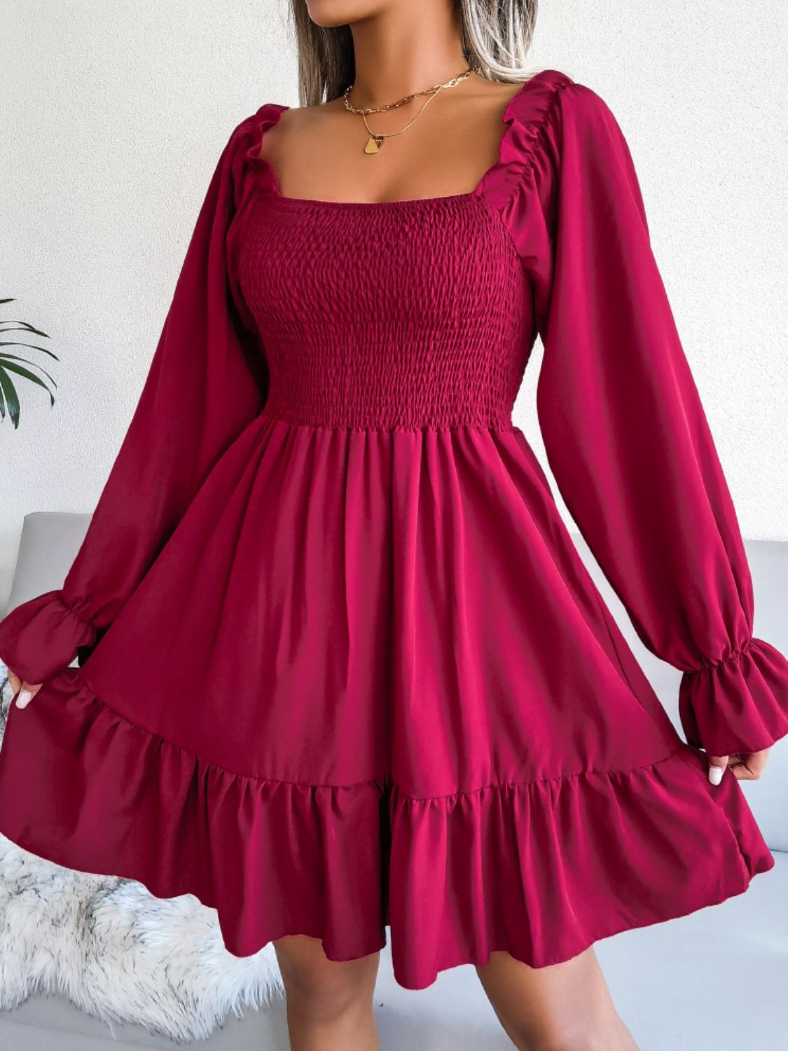 Smocked Flounce Sleeve Square Neck Dress - AllIn Computer