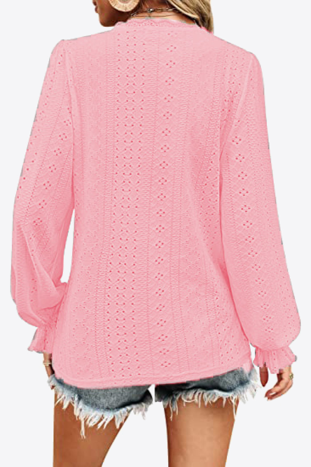 Eyelet V-Neck Flounce Sleeve Blouse - AllIn Computer