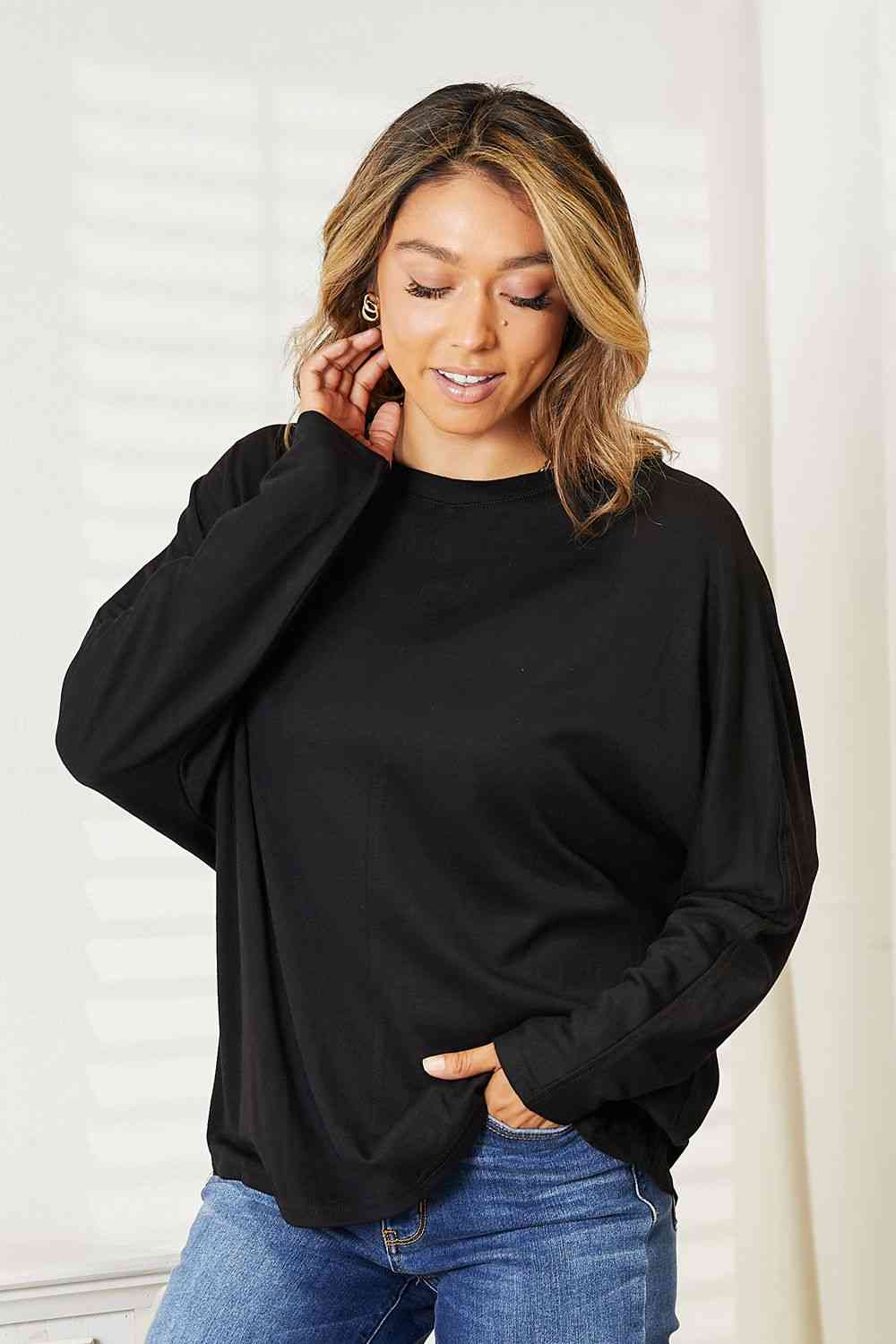 Double Take Seam Detail Round Neck Long Sleeve Top - AllIn Computer
