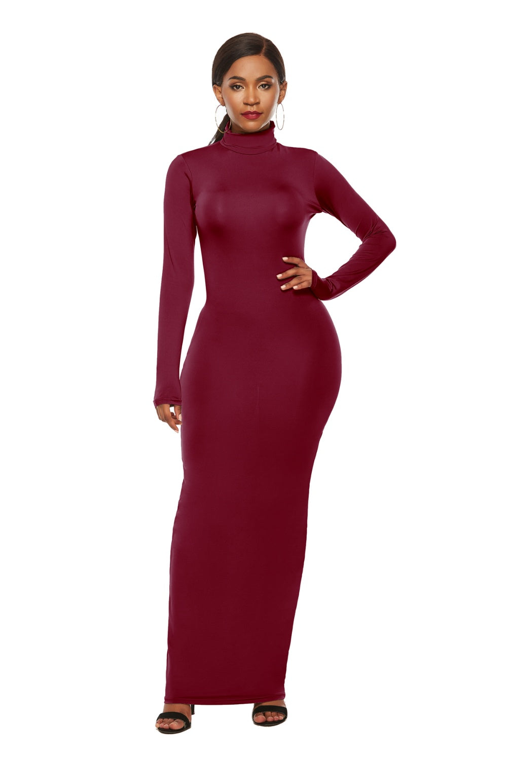 Mock Neck Long Sleeve Maxi Slim Dress - AllIn Computer
