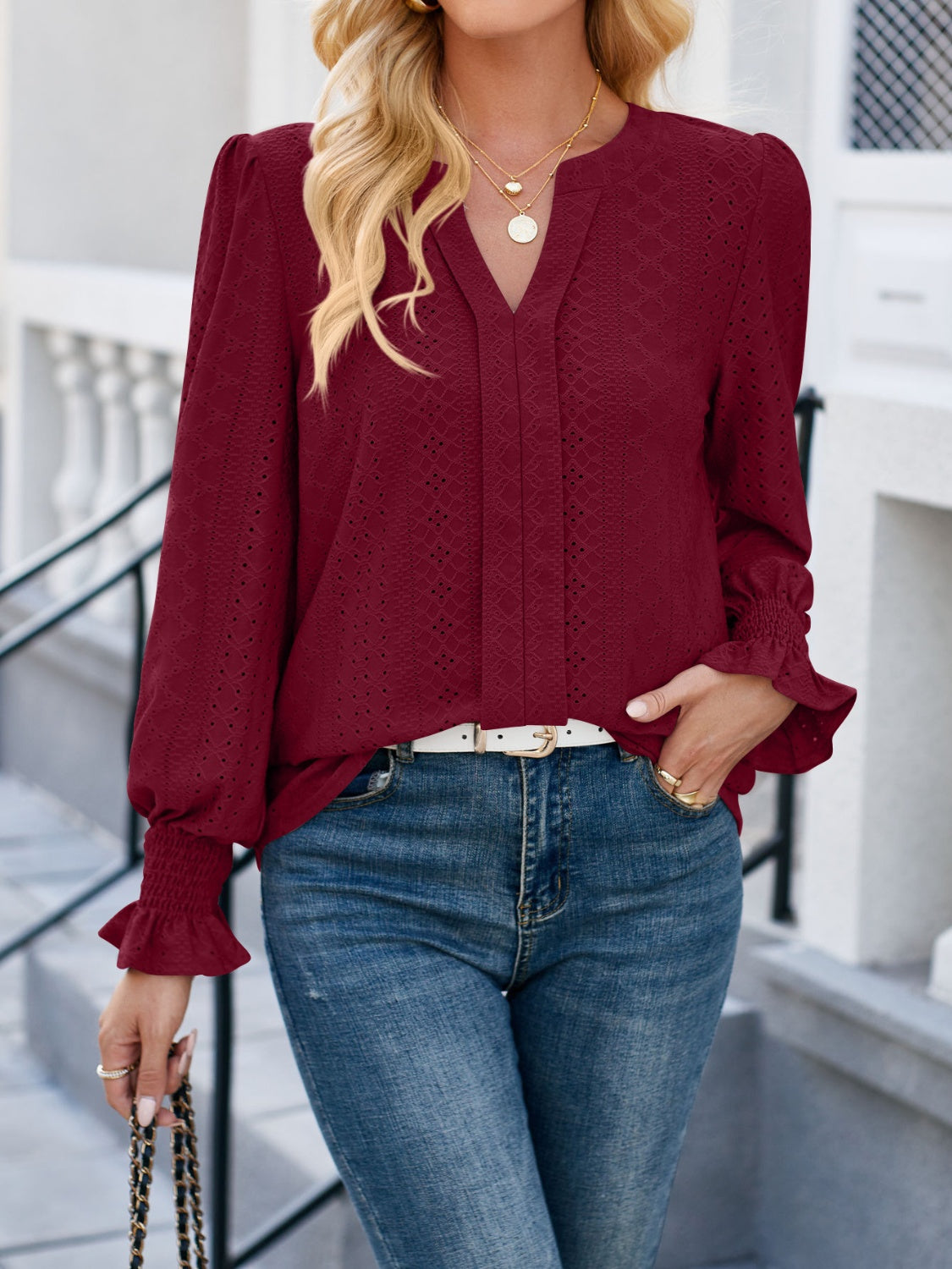 Eyelet Notched Flounce Sleeve Blouse - AllIn Computer