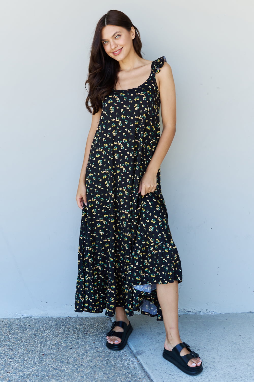 Doublju In The Garden Ruffle Floral Maxi Dress in  Black Yellow Floral - AllIn Computer