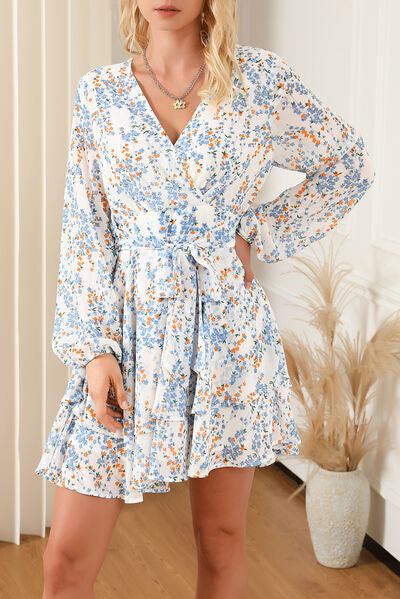 Printed Surplice Balloon Sleeve Mini Dress - AllIn Computer