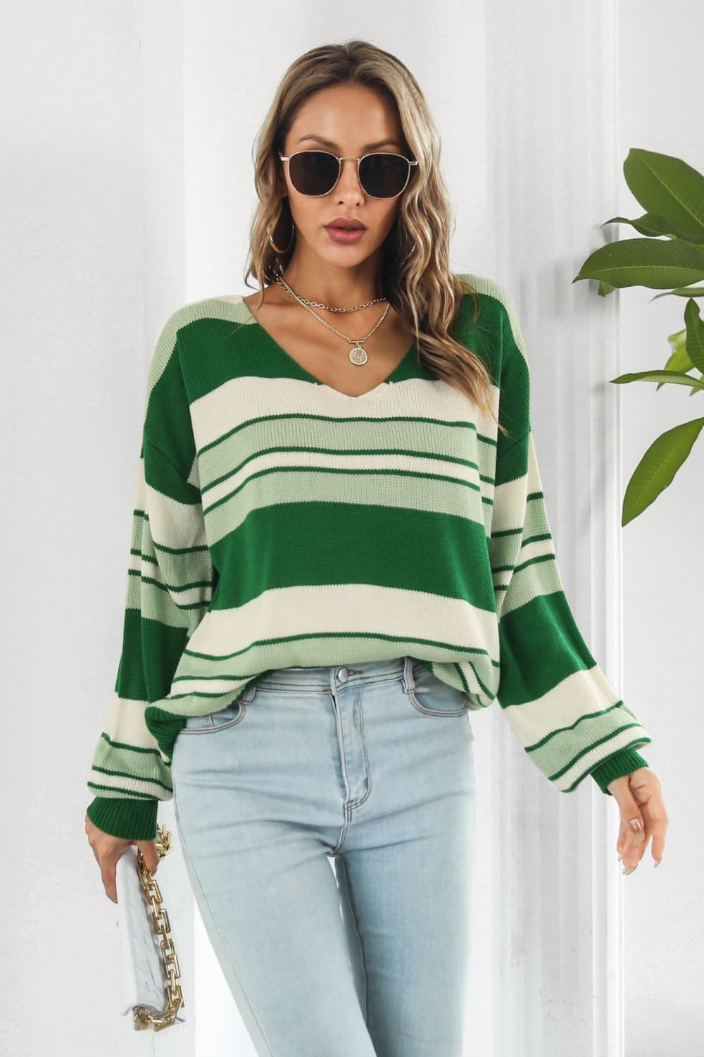 Striped V-Neck Dropped Shoulder Sweater - AllIn Computer