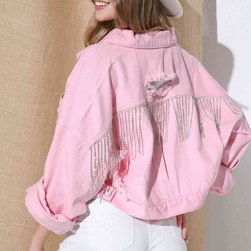 Cropped Collared Neck Dropped Shoulder Denim Jacket - AllIn Computer