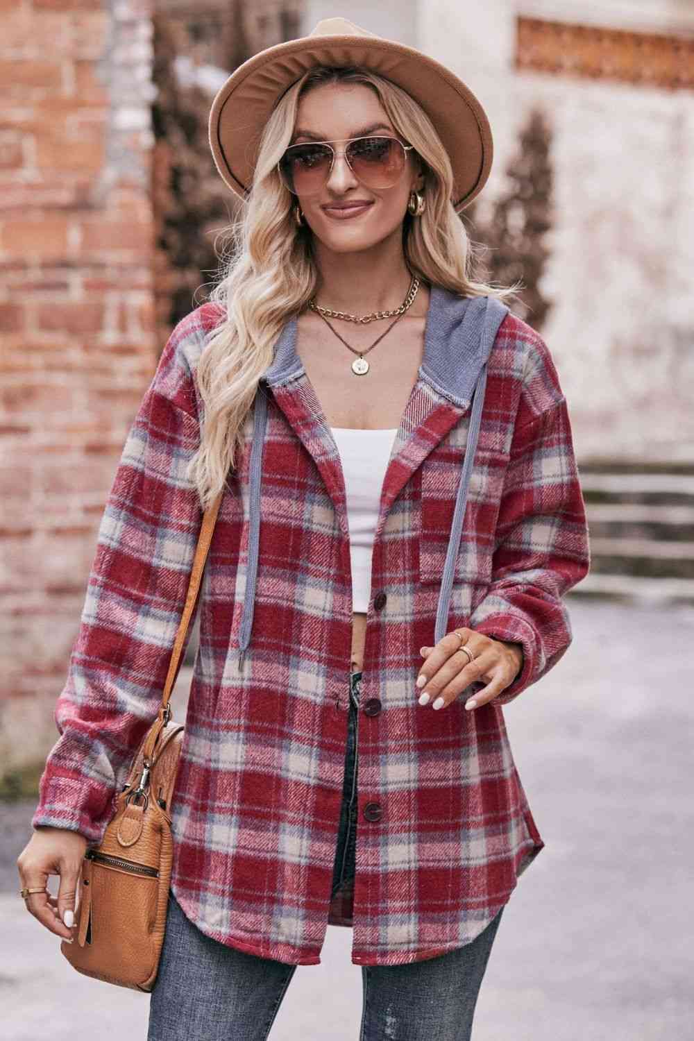 Plaid Dropped Shoulder Hooded Longline Jacket - AllIn Computer