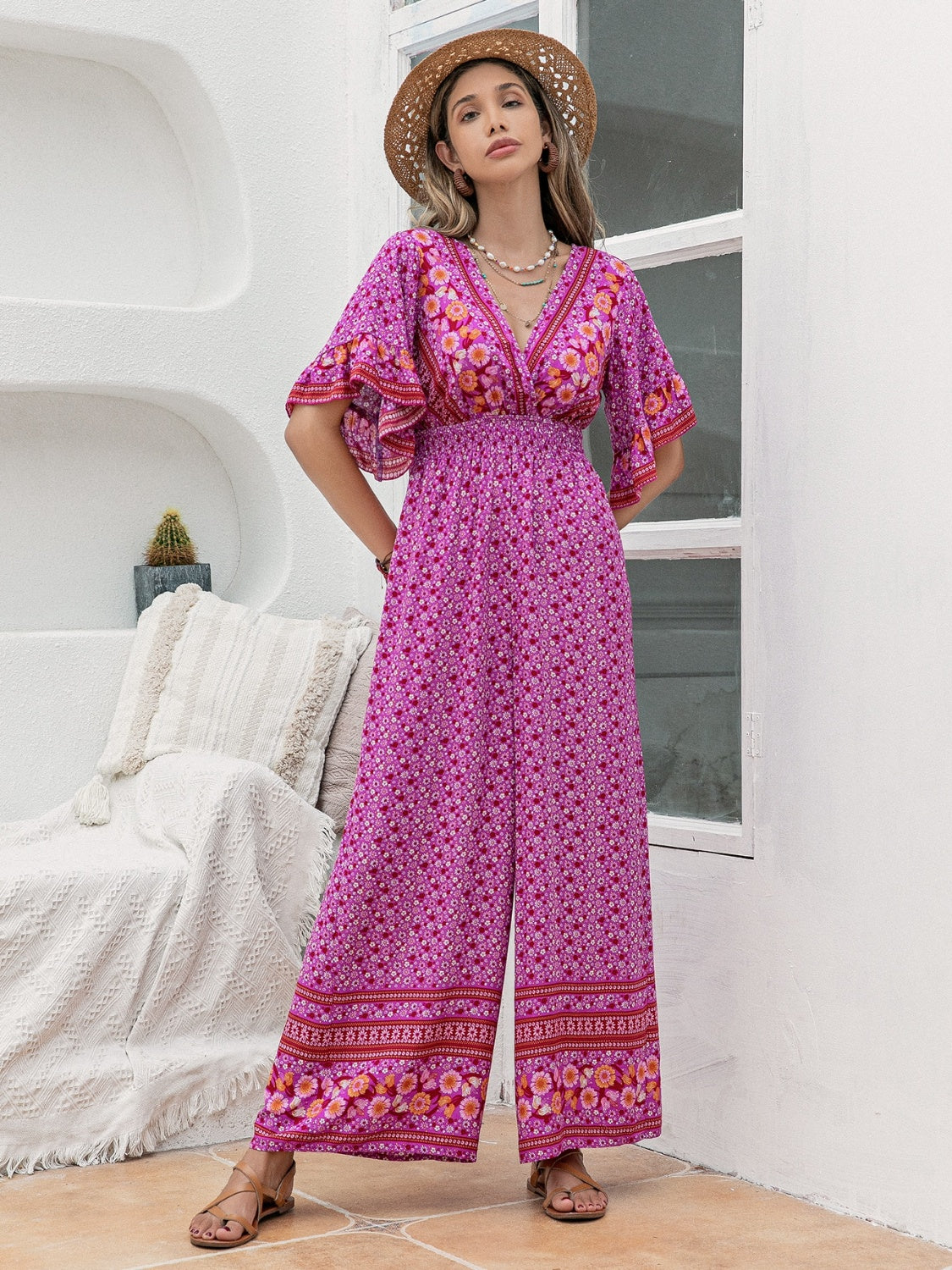 Floral Surplice Flutter Sleeve Jumpsuit - AllIn Computer