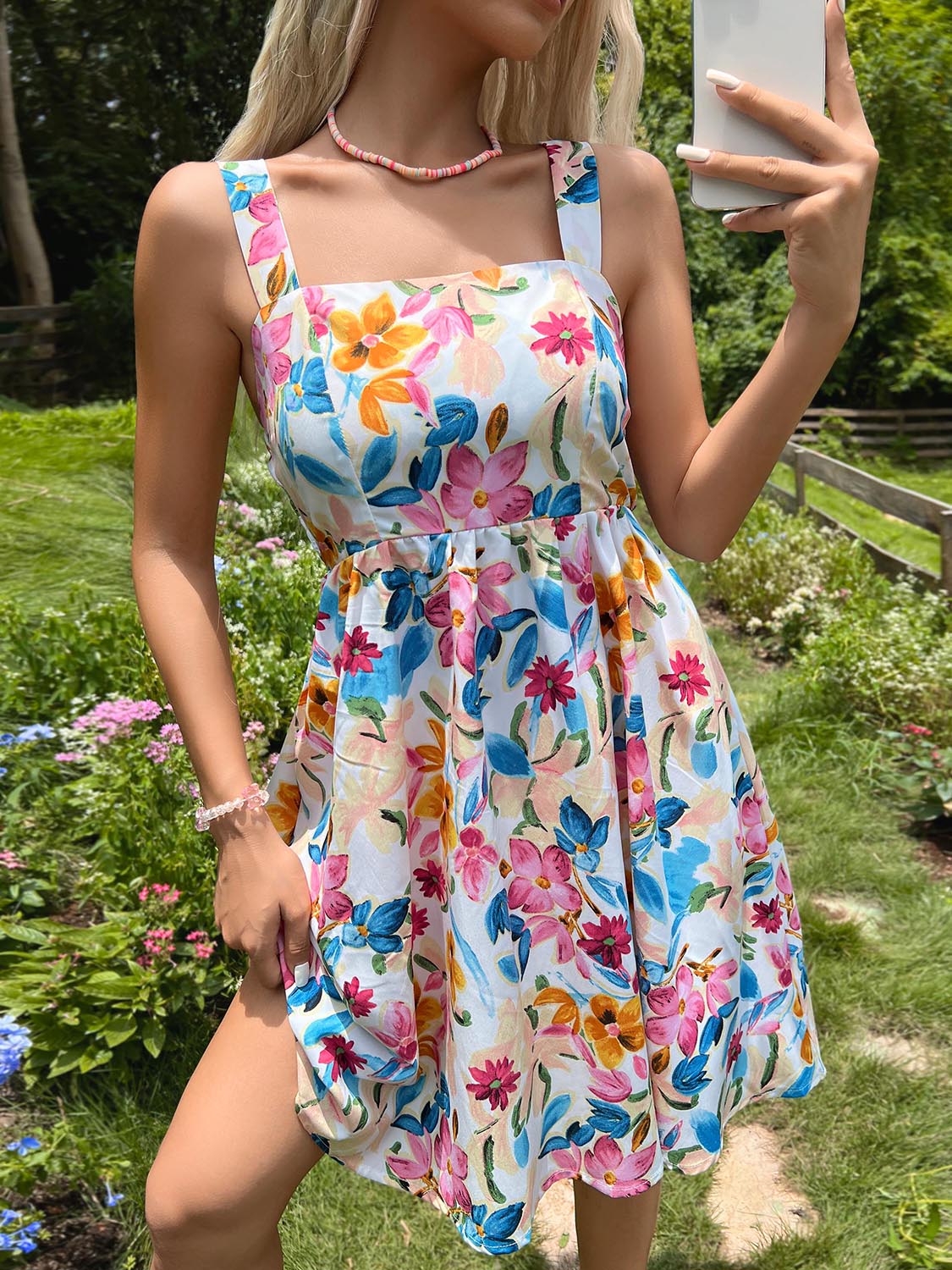 Floral Square Neck Wide Strap Dress - AllIn Computer