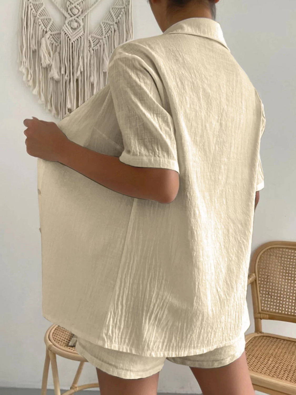 Button Up Short Sleeve Shirt and Drawstring Shorts Set - AllIn Computer