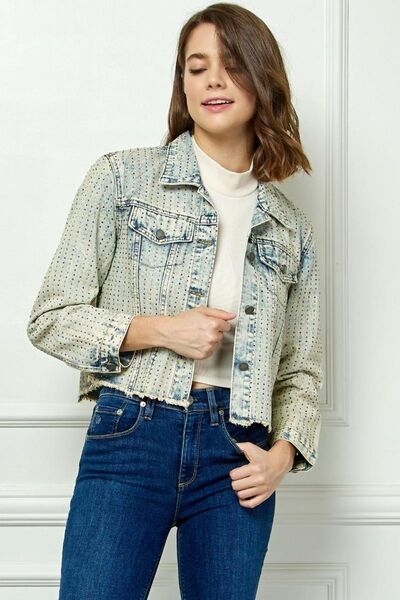 Veveret Multi Color Stripe Rhinestone Raw Hem Denim Jacket - AllIn Computer