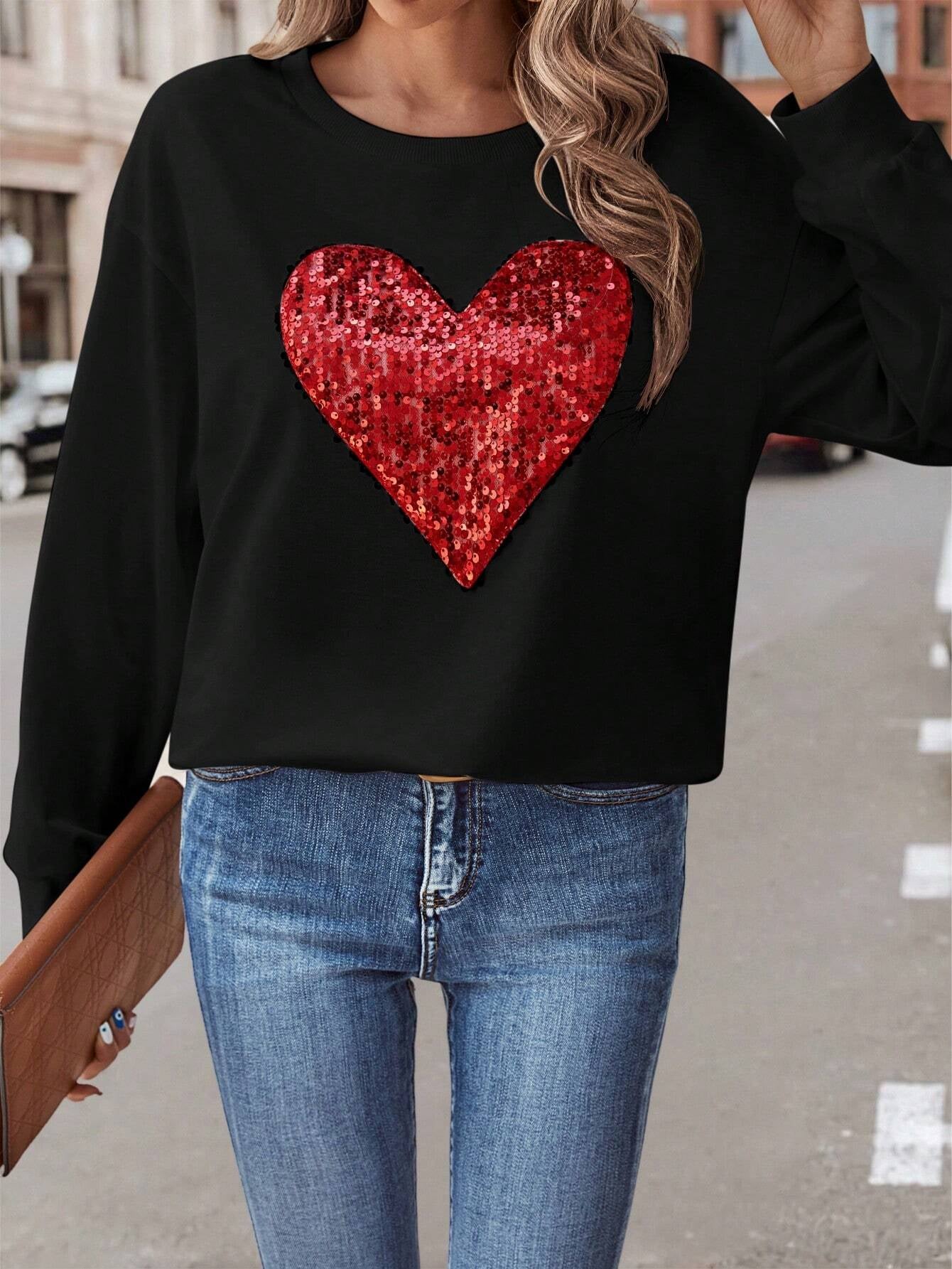 Sequin Heart Dropped Shoulder Sweatshirt - AllIn Computer