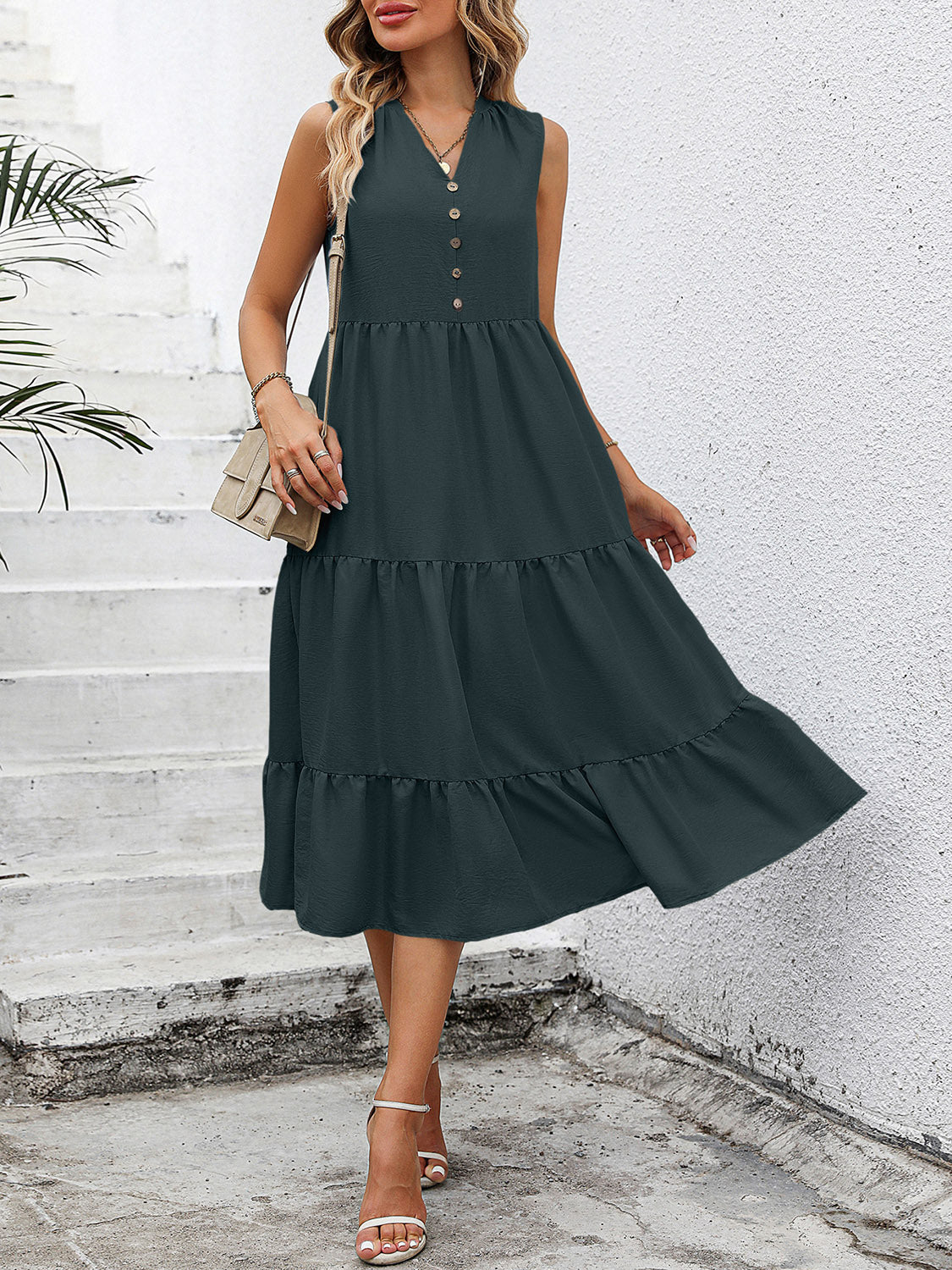V-Neck Sleeveless Tiered Dress - AllIn Computer
