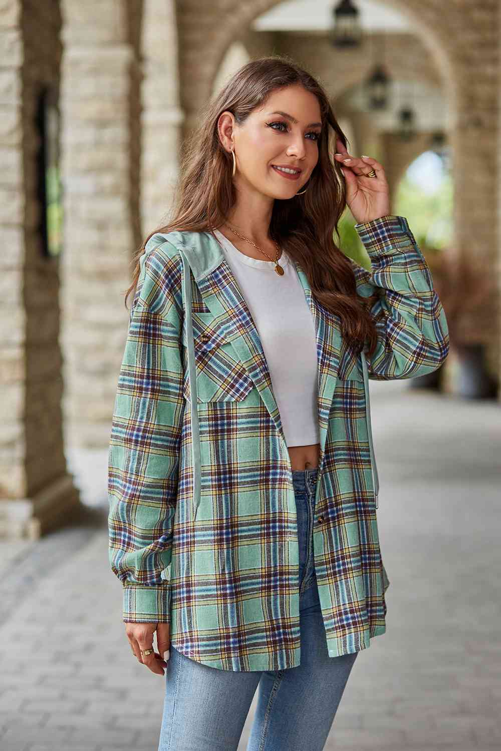 Plaid Long Sleeve Hooded Jacket - AllIn Computer
