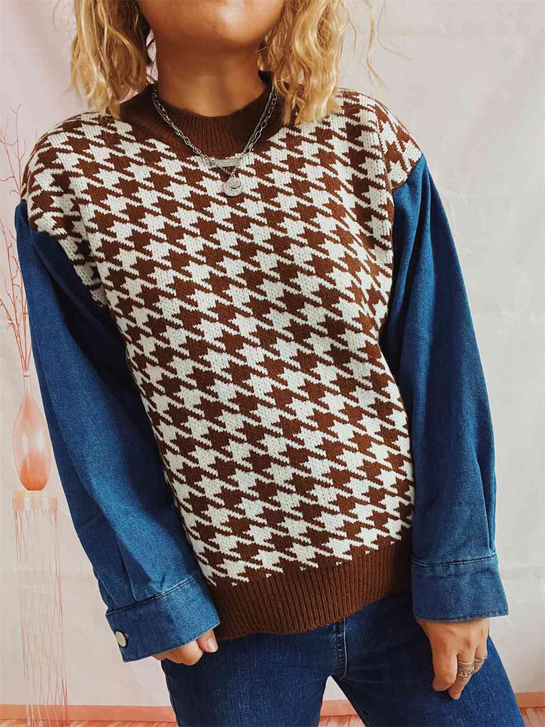 Houndstooth Denim Sleeve Sweater - AllIn Computer